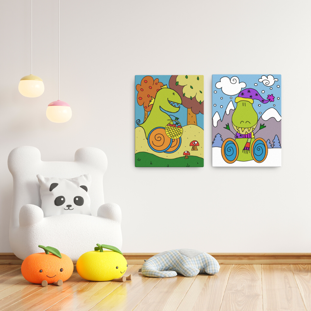 Quadro di Dino il Dinosauro con Disabilità su tela, decorazione per cameretta bambini, inclusione e diversità