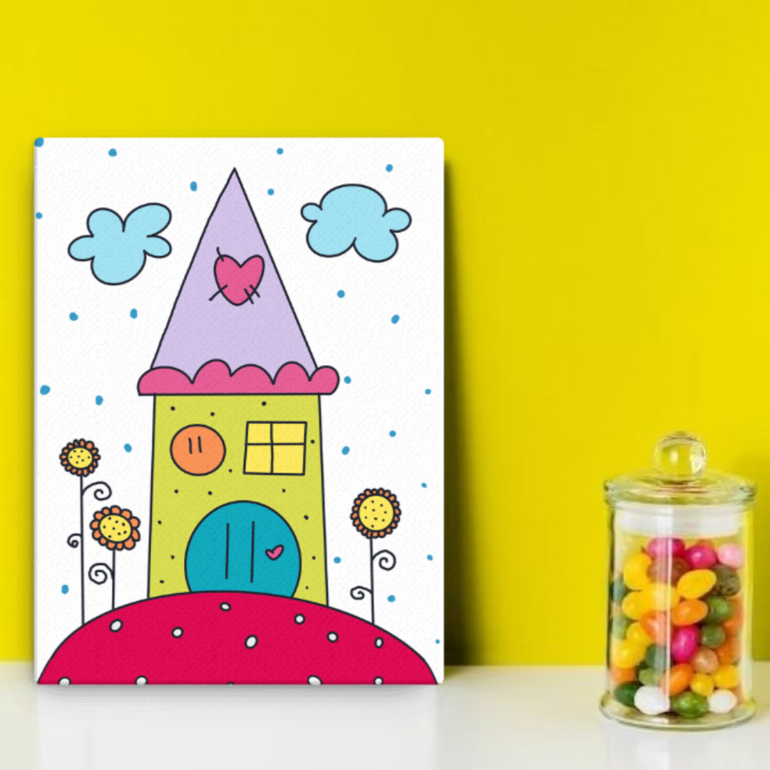 Quadro su tela con illustrazione allegra di casette colorate per decorare la cameretta"