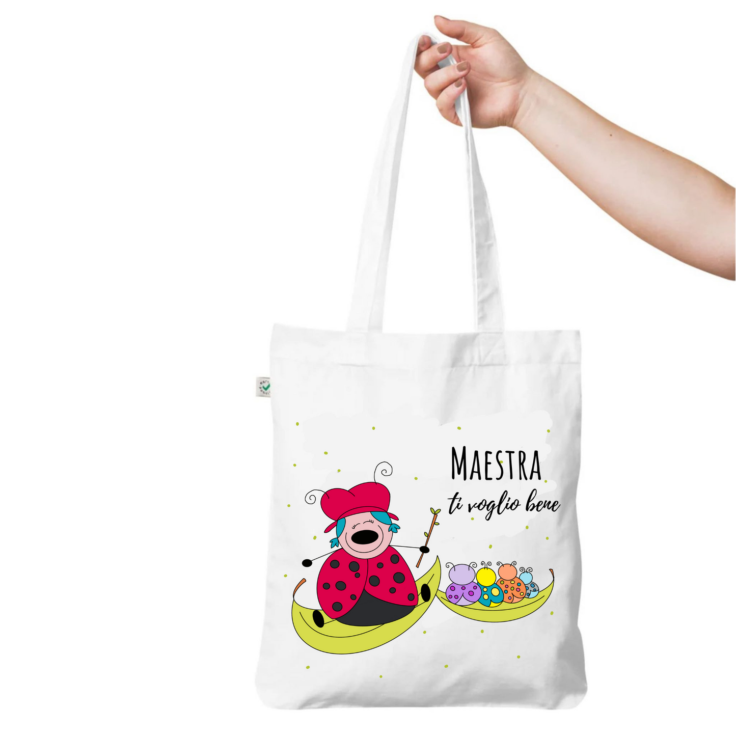 Borsa shopper con design di una buffa coccinella e i suoi allievi, con la scritta "Maestra ti voglio bene", ideale come regalo di fine anno per insegnanti e educatori.