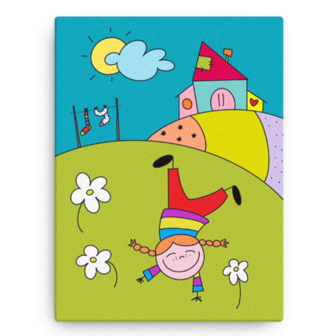 Regalo perfetto per la nascita: stampa su tela di Pippi Calzelunghe, ideale per la cameretta o come decorazione allegra e positiva in ogni casa.