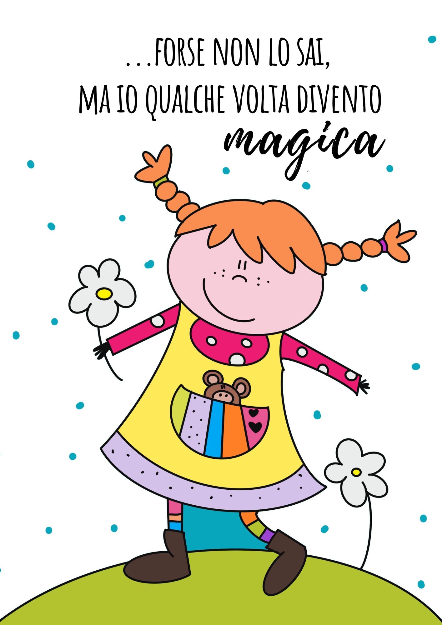 Poster di Pippi Calzelunghe appeso a una parete di cameretta, con la citazione magica, ideale per arredare stanze per bambini.