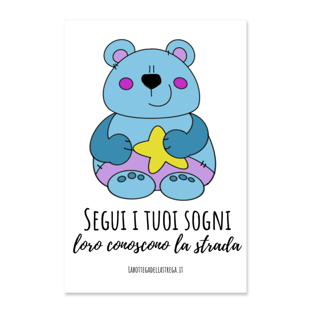 Poster Pisolo l'Orso che abbraccia una stellina, illustrazione motivazionale per bambini, complemento d'arredo per cameretta