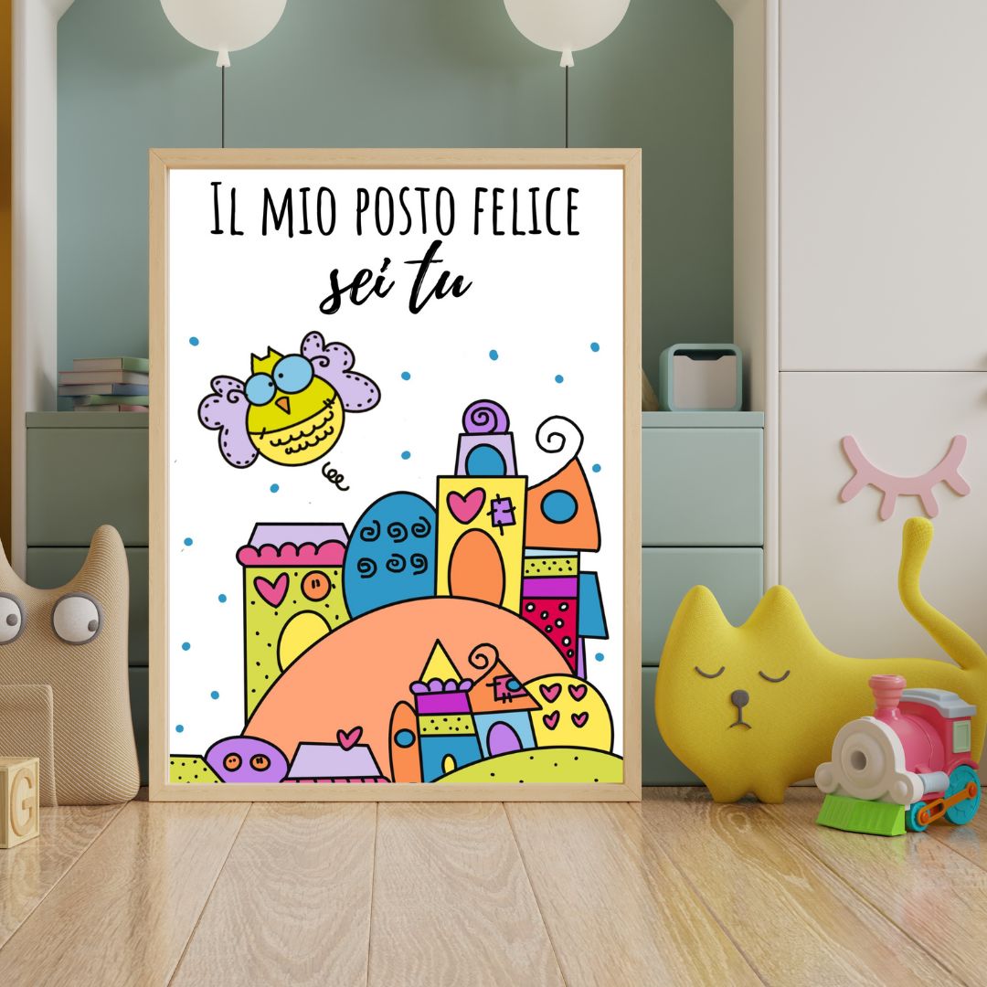 Poster colorato "Le Casette", illustrazione per bambini che celebra l'amicizia, complemento d'arredo per la cameretta