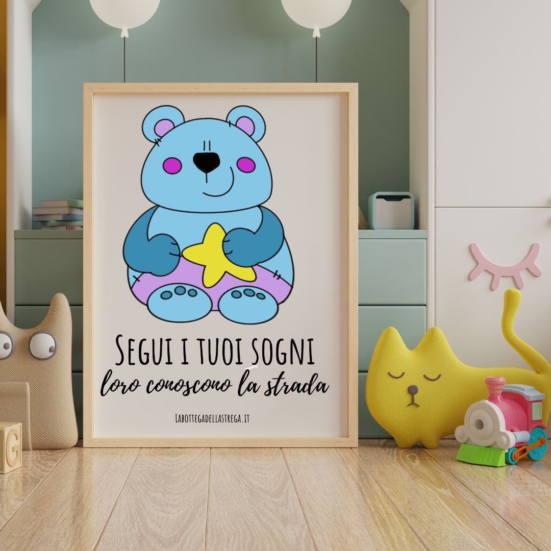 Poster Pisolo l'Orso che abbraccia una stellina, illustrazione motivazionale per bambini, complemento d'arredo per cameretta