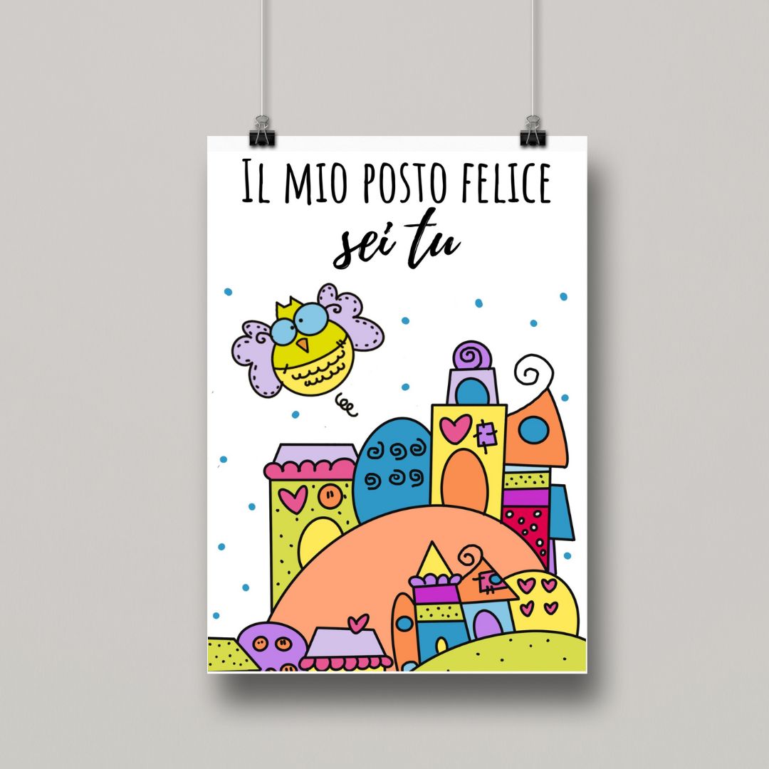 Poster colorato "Le Casette", illustrazione per bambini che celebra l'amicizia, complemento d'arredo per la cameretta