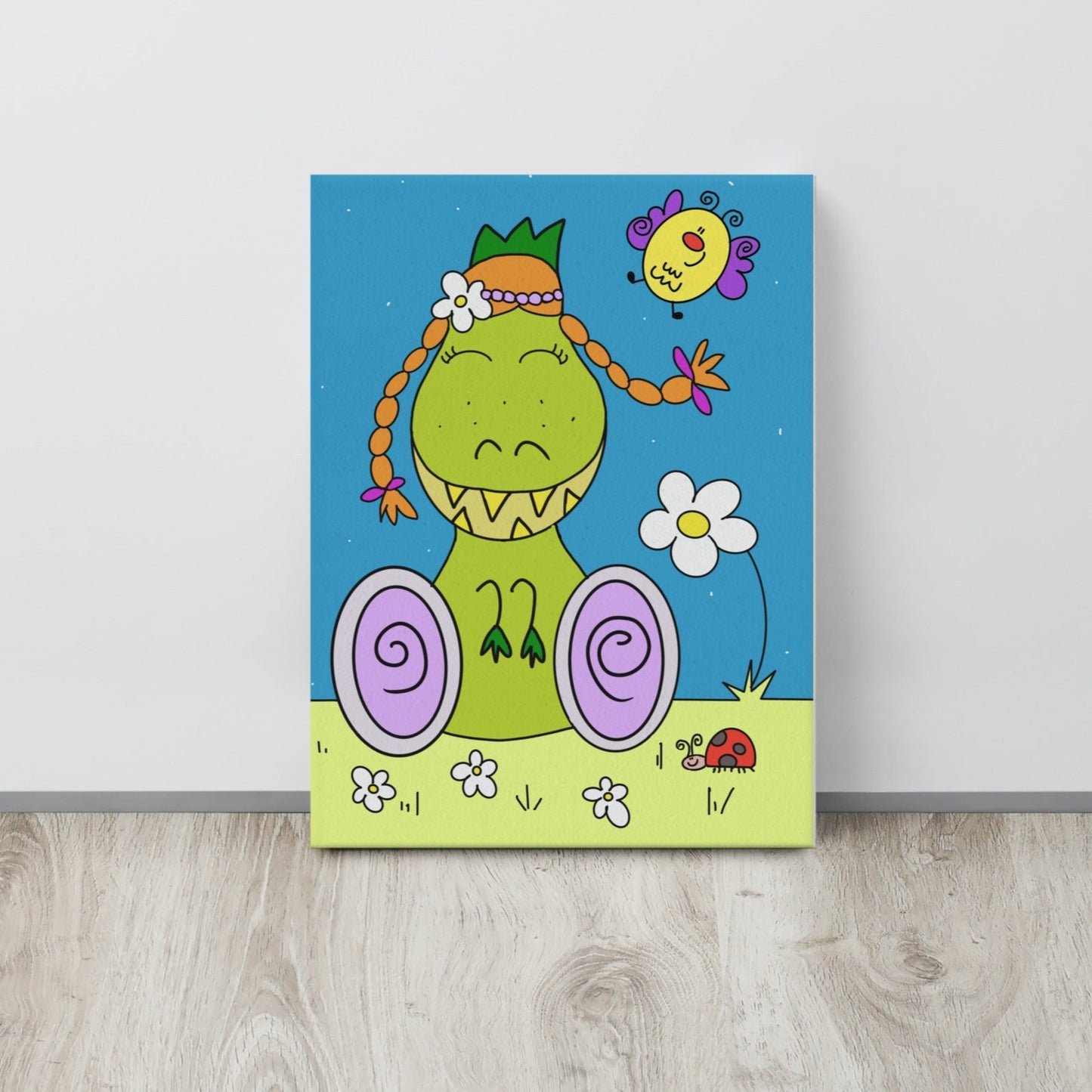 Quadro educativo per bambini, raffigurante il dinosauro inclusivo Dina, ideale per decorare la cameretta e insegnare il valore della diversità.