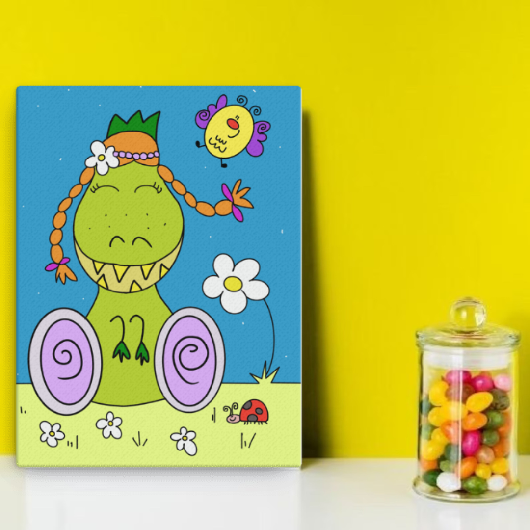 Quadro educativo per bambini, raffigurante il dinosauro inclusivo Dina, ideale per decorare la cameretta e insegnare il valore della diversità.