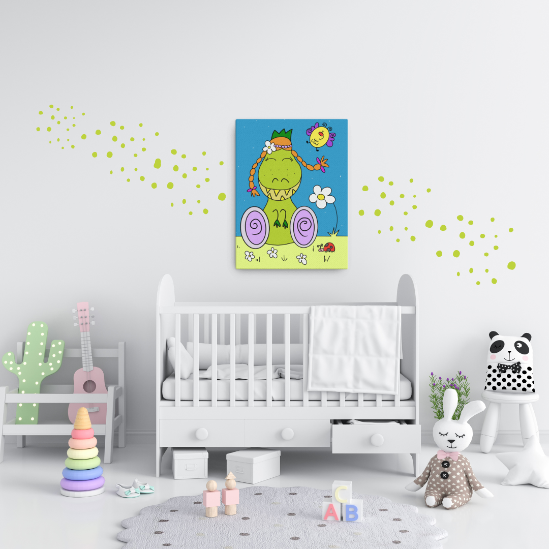Quadro educativo per bambini, raffigurante il dinosauro inclusivo Dina, ideale per decorare la cameretta e insegnare il valore della diversità.