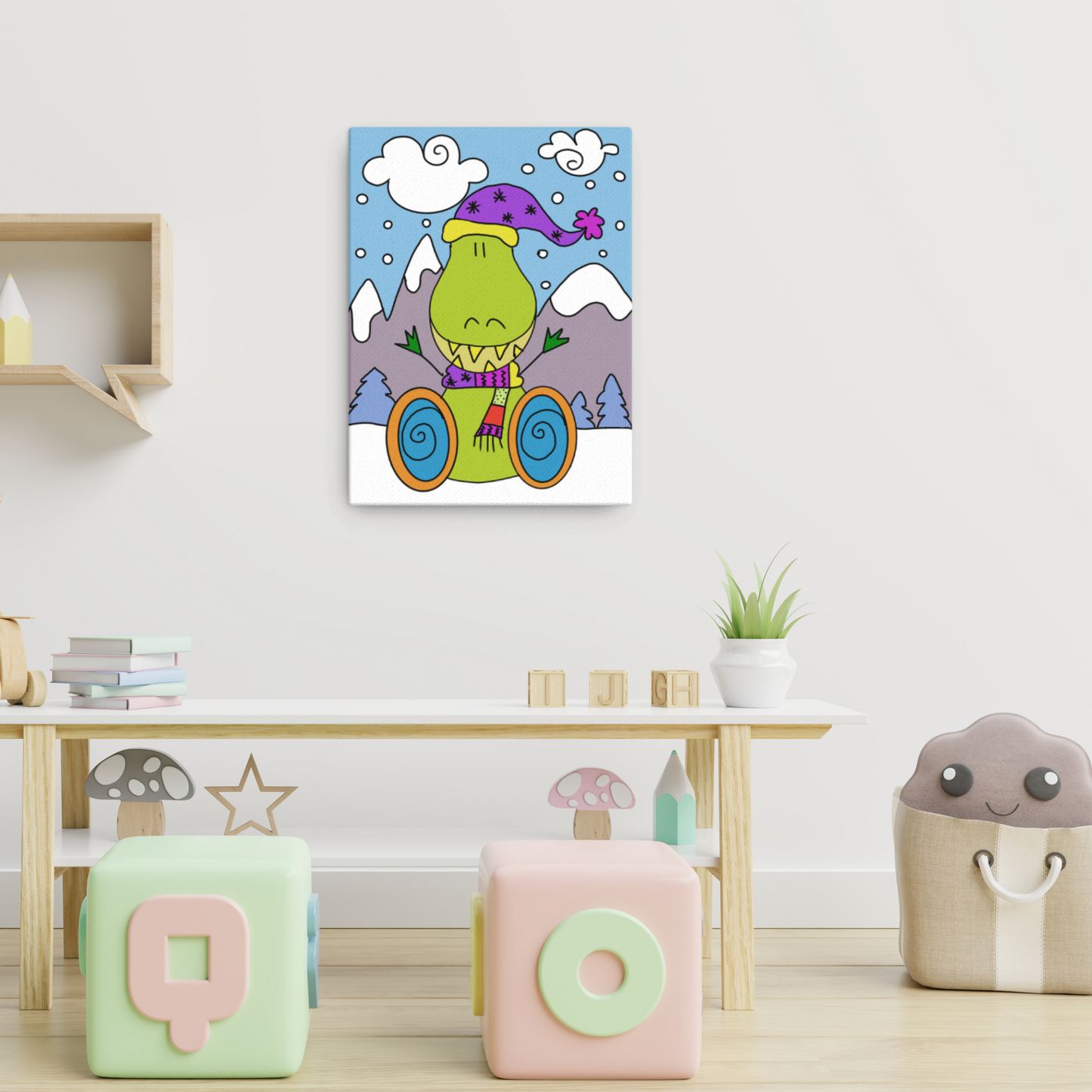 Quadro di Dino il Dinosauro con Disabilità su tela, decorazione per cameretta bambini, inclusione e diversità"