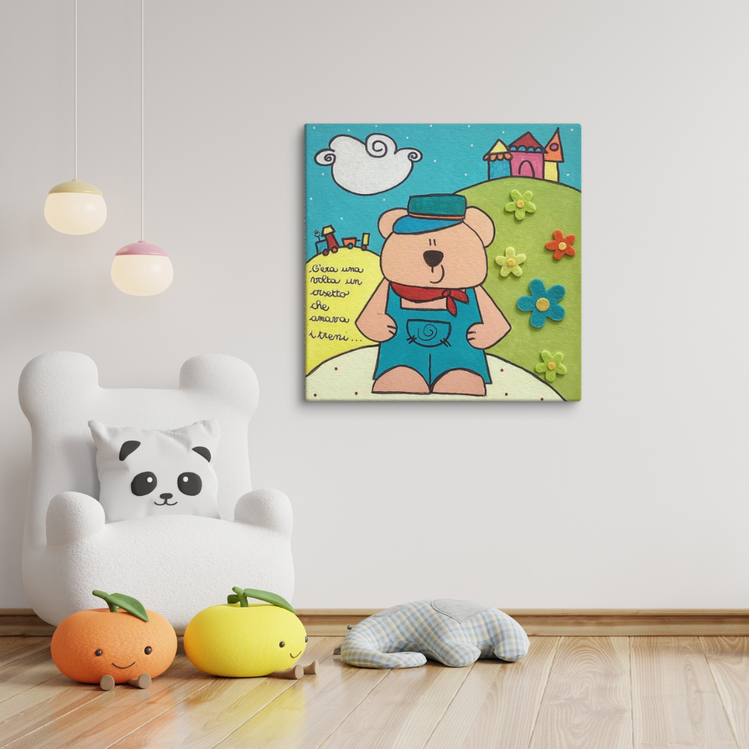Quadro dipinto a mano “C’era una volta un Orso…” – L'orso Pisolo, decorazione cameretta bambini, quadro originale per bambini, regalo nascita e battesimo