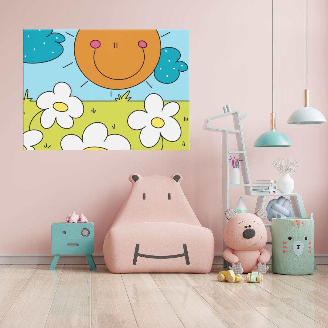 Quadro su tela per cameretta bambini con sole sorridente e margherite, toni pastello verde, azzurro e arancio. Regalo ideale per nascita o compleanno, dimensioni 60x40 cm.