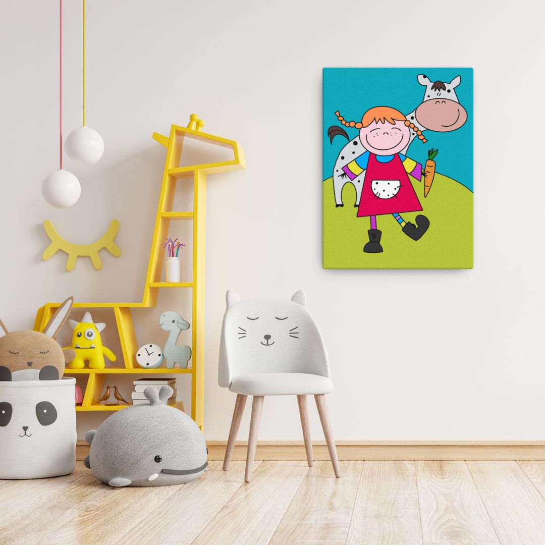 Quadro di Pippi Calzelunghe, perfetto per decorare la cameretta dei bambini. Illustrazione su tela di alta qualità con colori brillanti e dettagli vivaci.