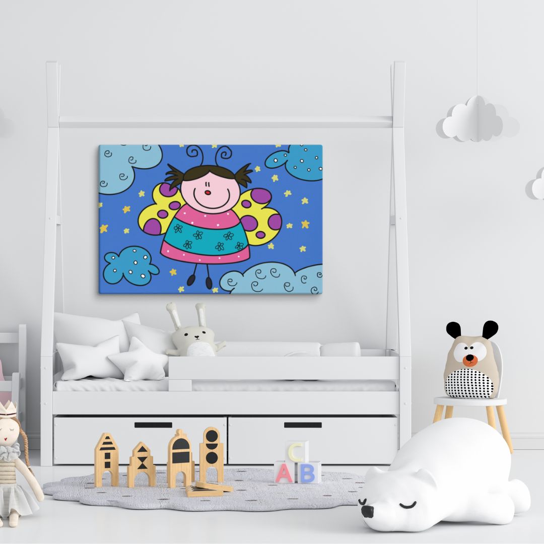 stampa su tela con folletta su cielo stellato, quadro per bambini 30x40 cm, decorazione cameretta buonanotte