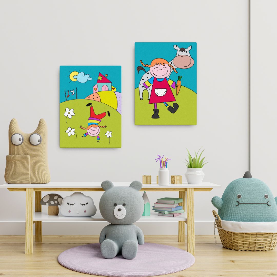Regalo perfetto per la nascita: stampa su tela di Pippi Calzelunghe, ideale per la cameretta o come decorazione allegra e positiva in ogni casa.