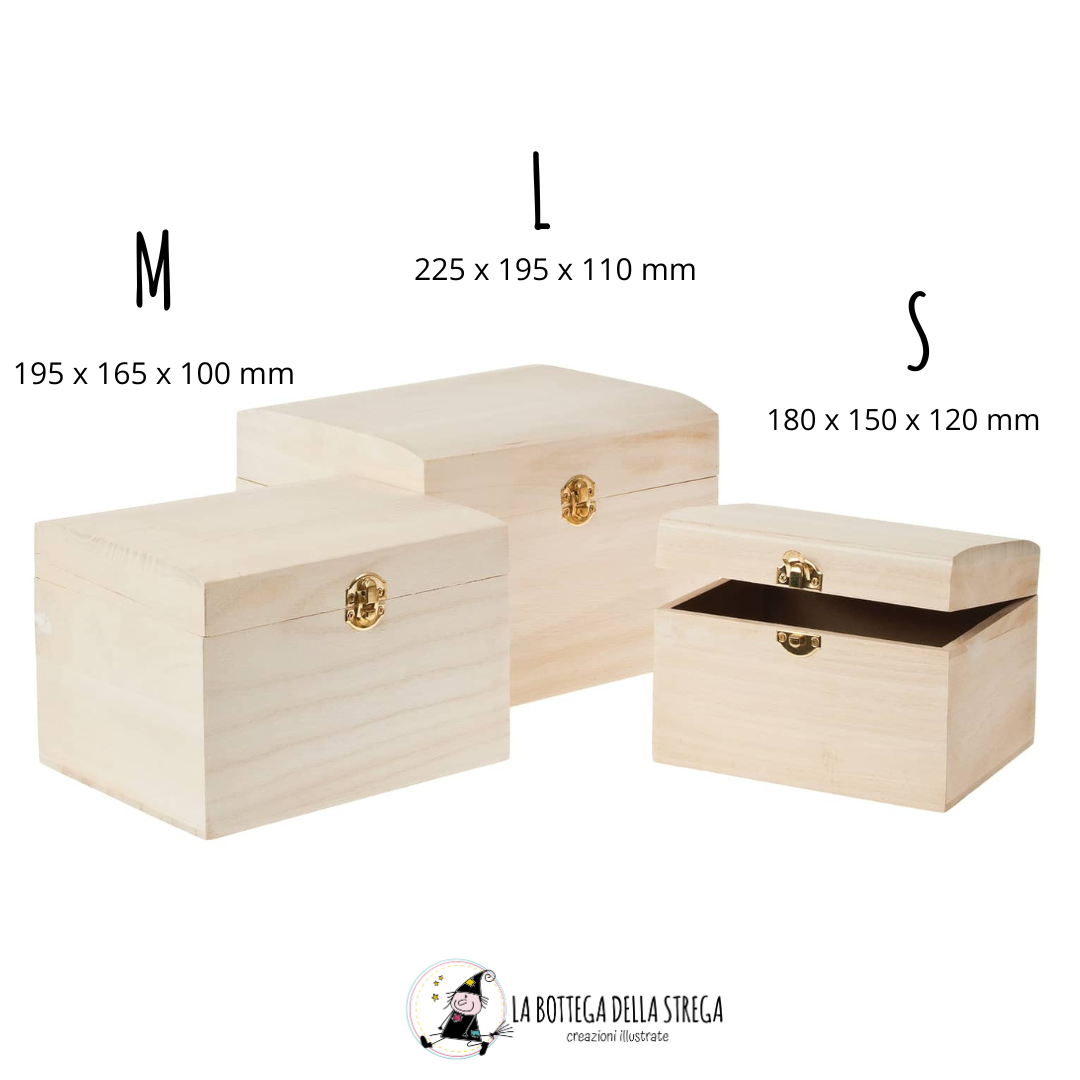 Scrigno in legno dipinto a mano con illustrazioni originali, ideale per conservare i ricordi della nascita del bambino.