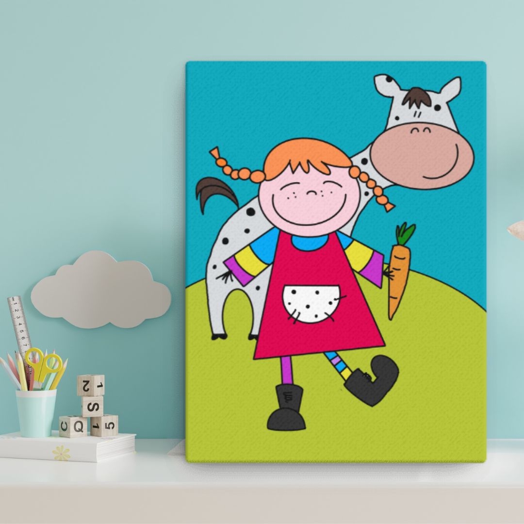 Stampa su canvas con telaio in legno massello, raffigurante Pippi Calzelunghe. Un'opera resistente e duratura, perfetta per ogni ambiente della casa.