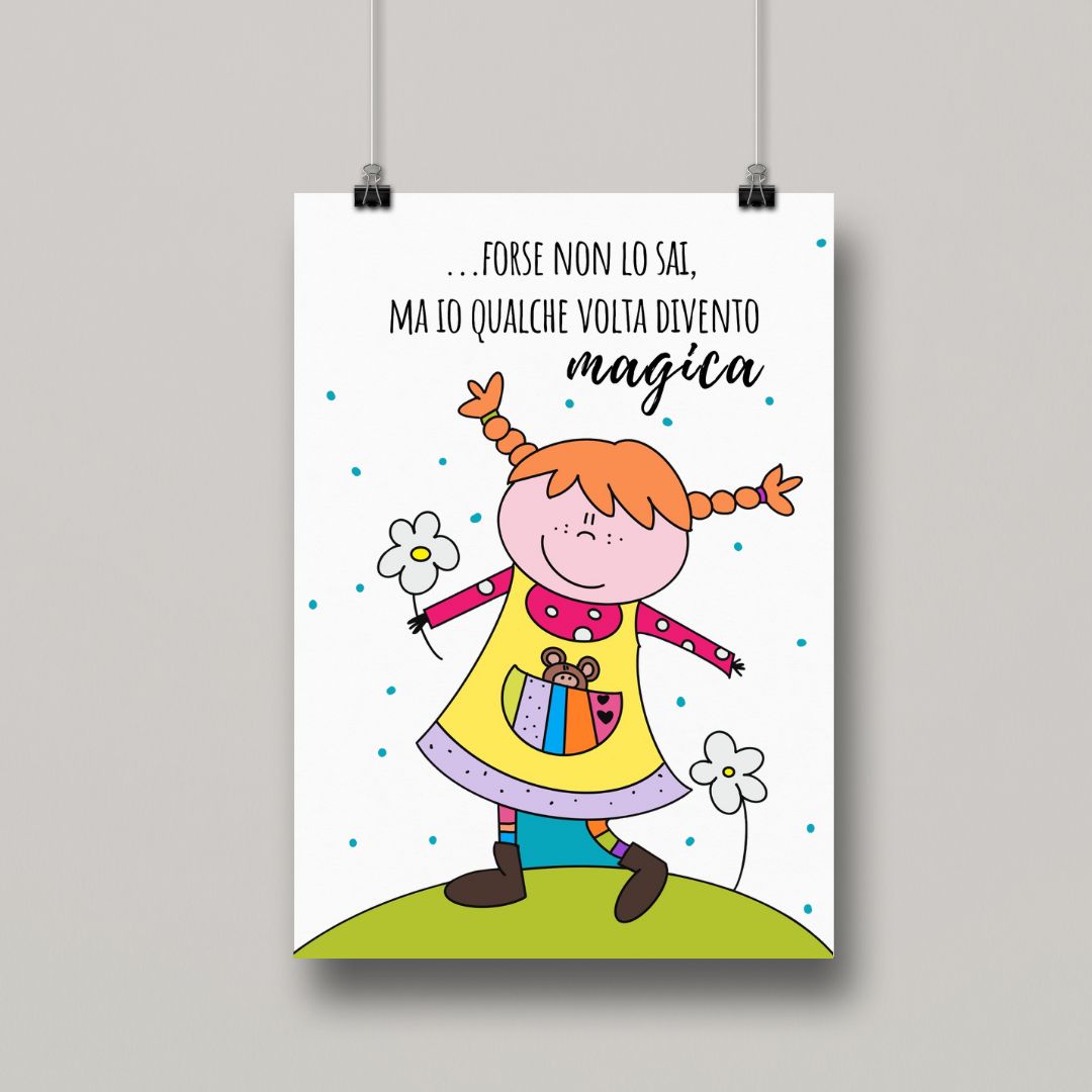 Dettaglio della stampa di alta qualità del poster di Pippi Calzelunghe, con colori vividi e luminosi su carta lucida professionale.