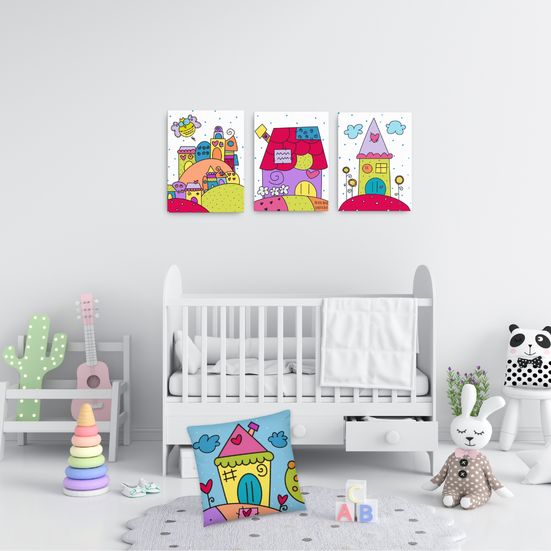 Stampa su canvas "Le Casette", illustrazione con casette colorate per bambini.