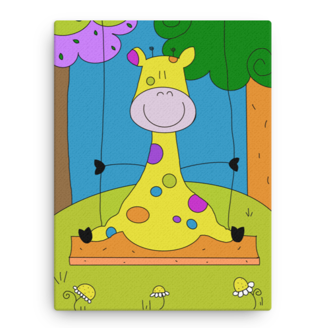 Stampa su tela "Raffa la Giraffa in altalena" per la cameretta dei bambini, con telaio in legno massello e gancio. Illustrazione colorata e positiva che porta allegria, perfetta come regalo di nascita.