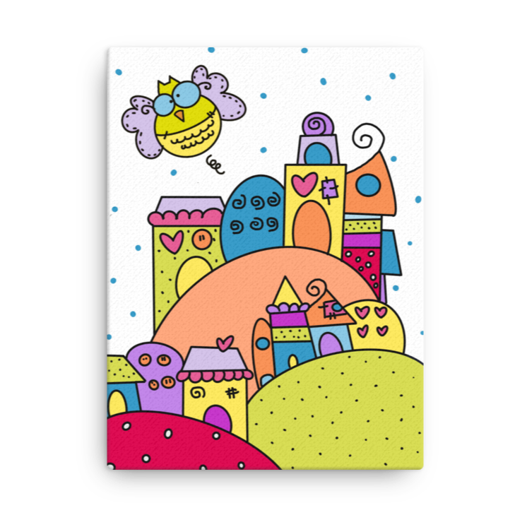 Stampa su tela "Le Casette" con paesino colorato, illustrazione per bambini.