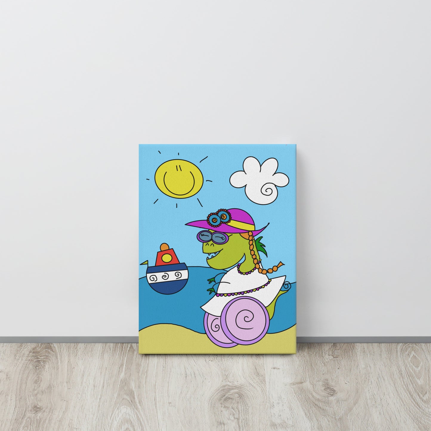 Quadro su tela con illustrazione di Dina, il dinosauro con disabilità che esplora il mondo con le sue ruote. Decorazione educativa per la cameretta dei bambini.