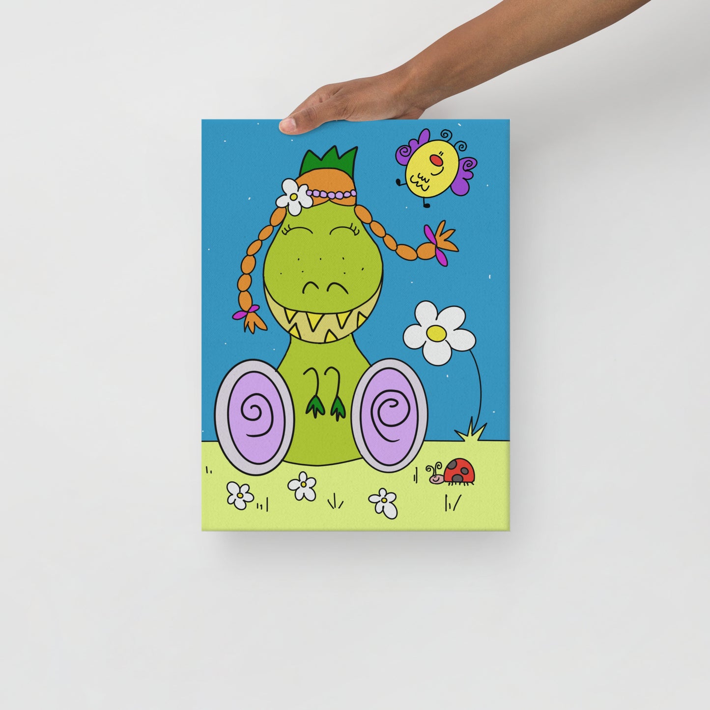 Quadro educativo per bambini, raffigurante il dinosauro inclusivo Dina, ideale per decorare la cameretta e insegnare il valore della diversità.
