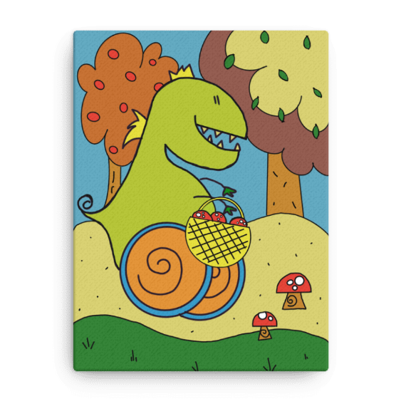 Quadro su tela con illustrazione di Dino, il dinosauro con disabilità che esplora il mondo con le ruote. Decorazione educativa per la cameretta dei bambini.