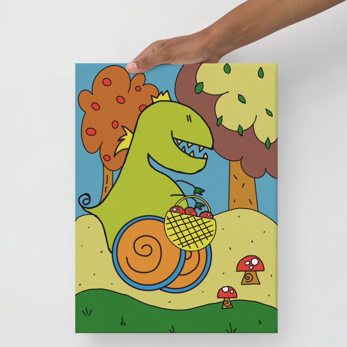 Quadro su tela con illustrazione di Dino, il dinosauro con disabilità che esplora il mondo con le ruote. Decorazione educativa per la cameretta dei bambini.