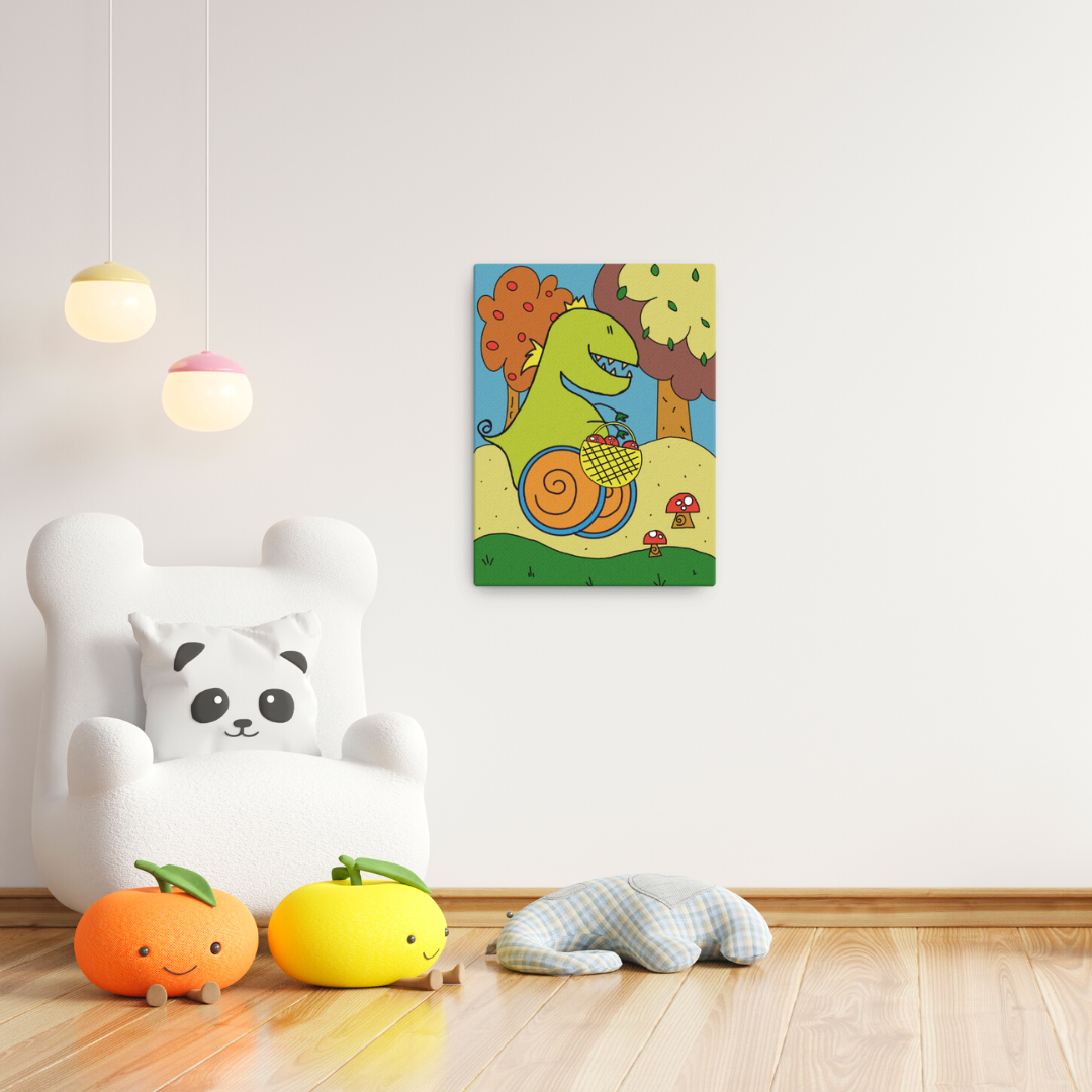 Quadro su tela con illustrazione di Dino, il dinosauro con disabilità che esplora il mondo con le ruote. Decorazione educativa per la cameretta dei bambini.