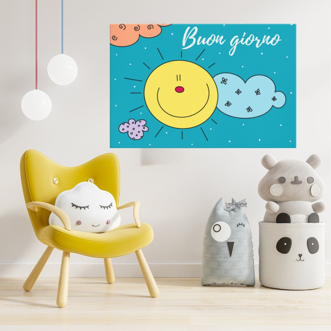 Dettaglio della stampa su canvas con inchiostri a pigmenti per una resa brillante e resistente, quadro sole per cameretta bambini.