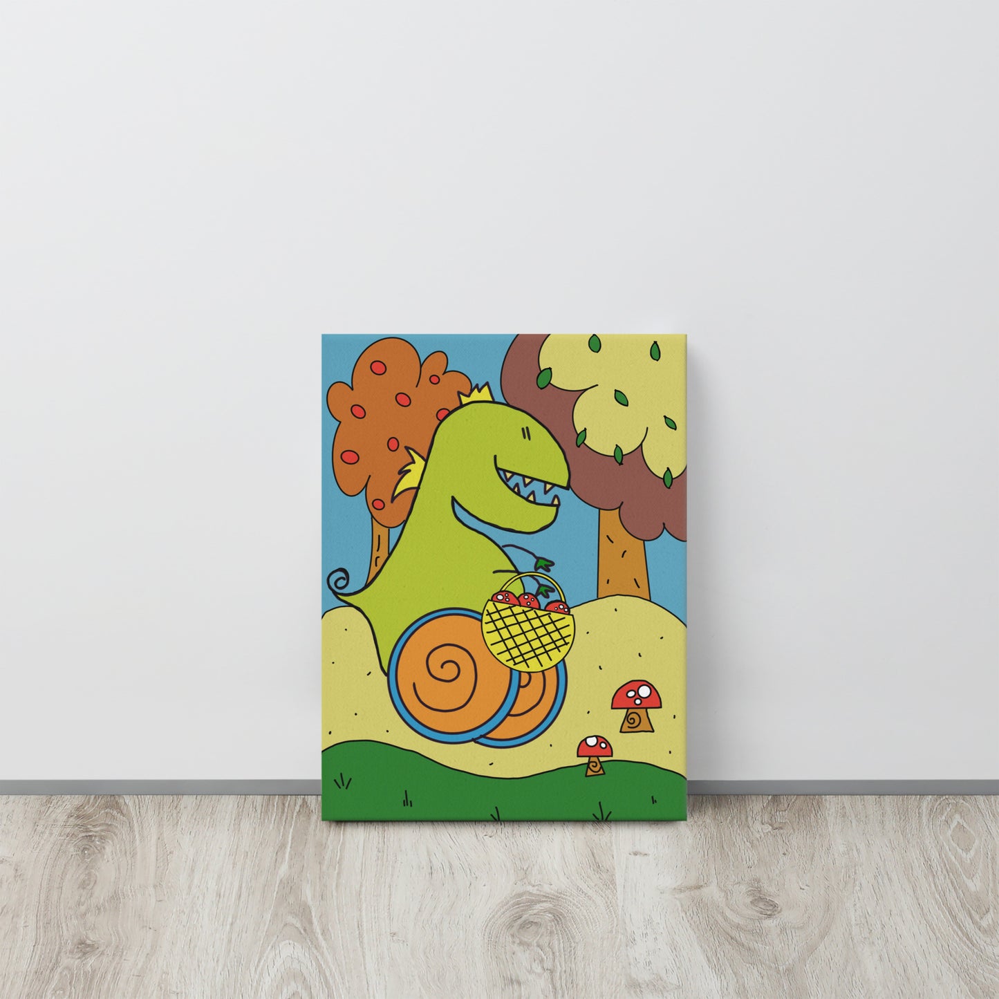 Quadro su tela con illustrazione di Dino, il dinosauro con disabilità che esplora il mondo con le ruote. Decorazione educativa per la cameretta dei bambini.