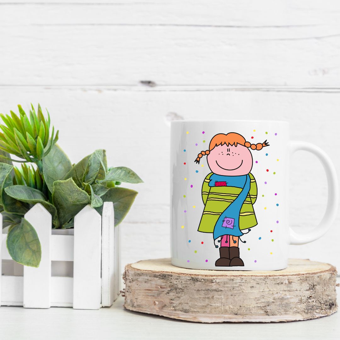 Tazza in ceramica bianca "Pippi Calzelunghe" con illustrazione colorata, edizione limitata, adatta per microonde e lavastoviglie.
