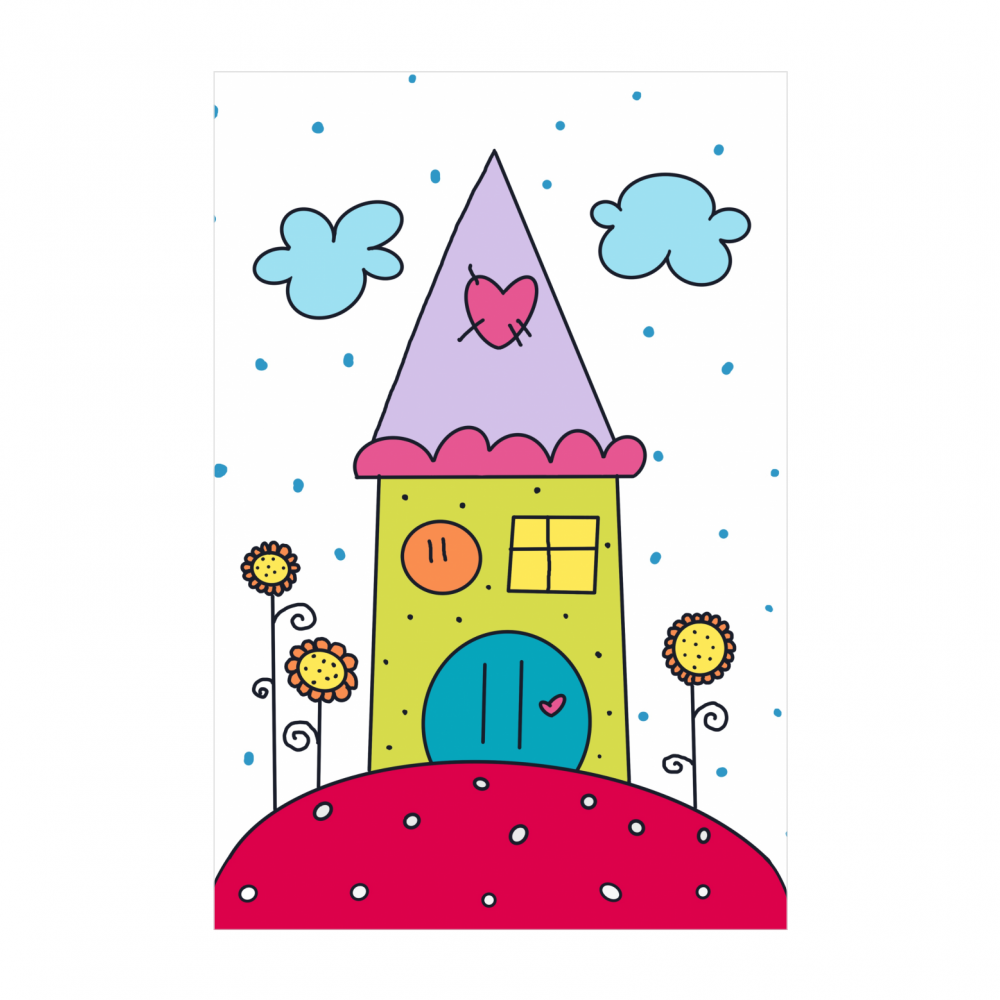 "Illustrazione per bambini con casette colorate e amici pronti ad accogliere"