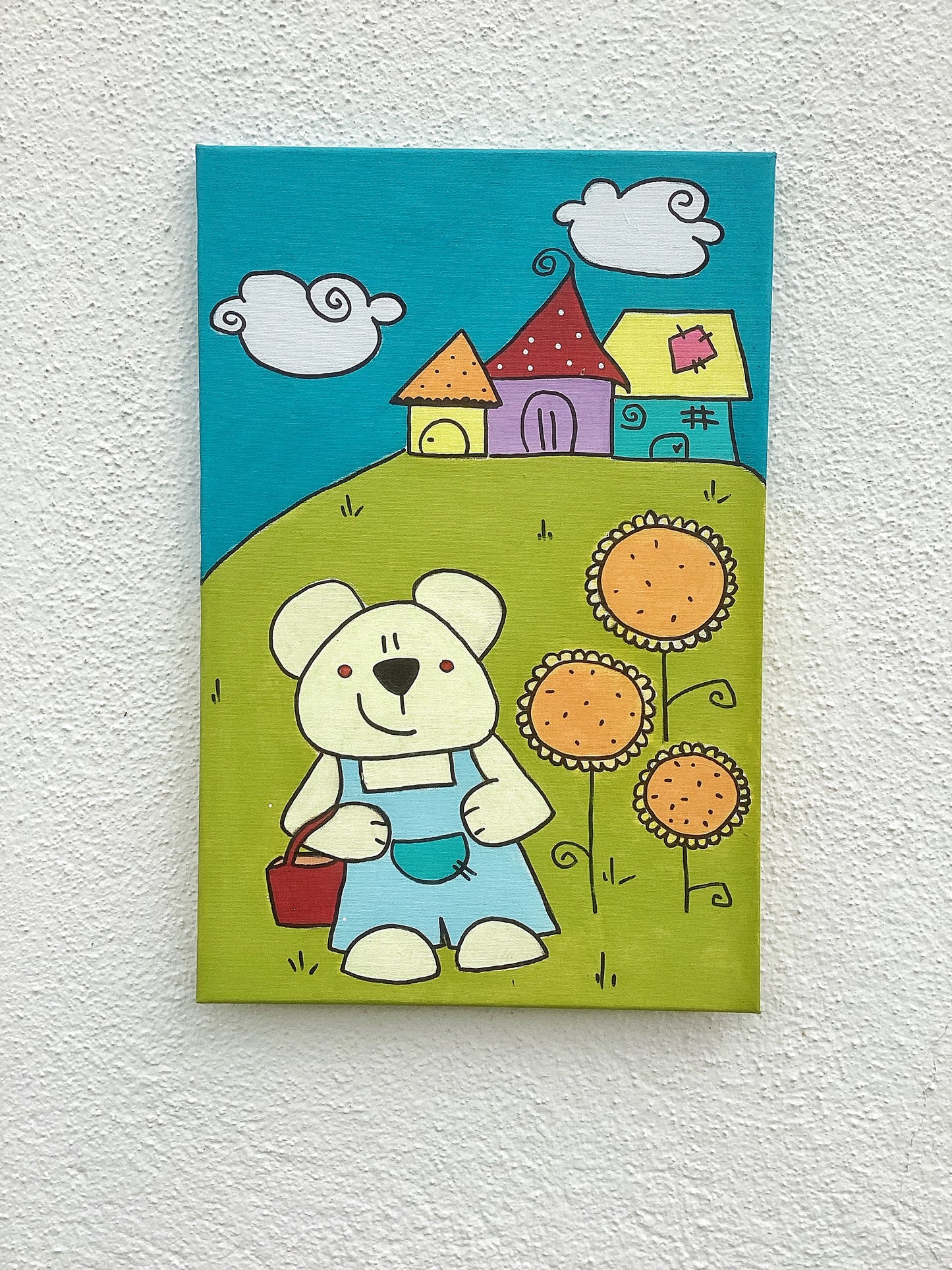 Quadro dipinto a mano "orso Pisolo e il girasole"