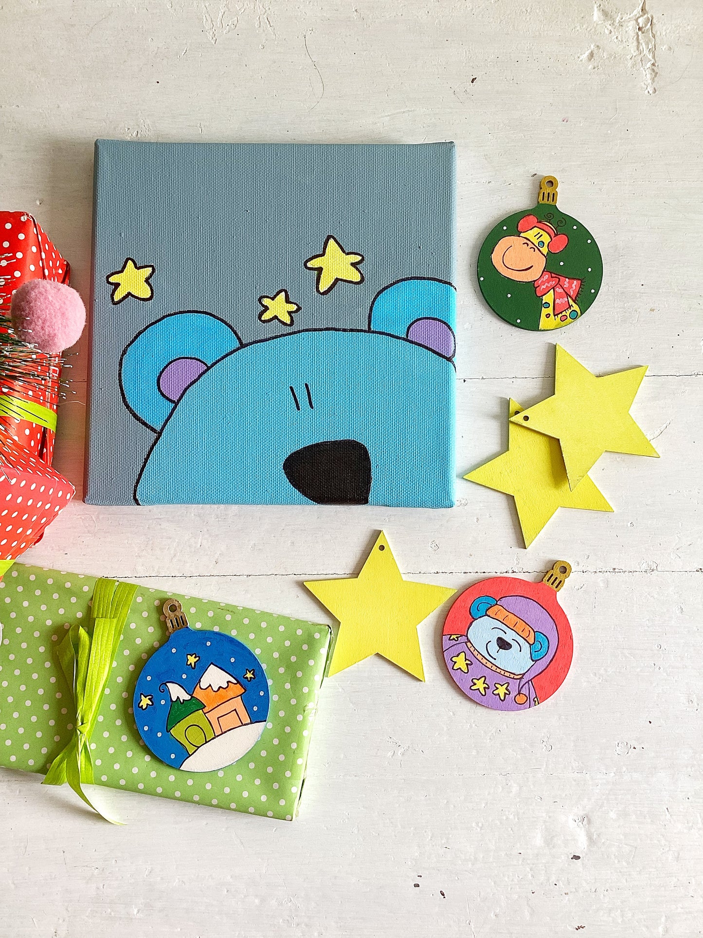 Quadro orsetto e decorazioni in legno personalizzate – Set regalo natalizio per bambini e famiglia