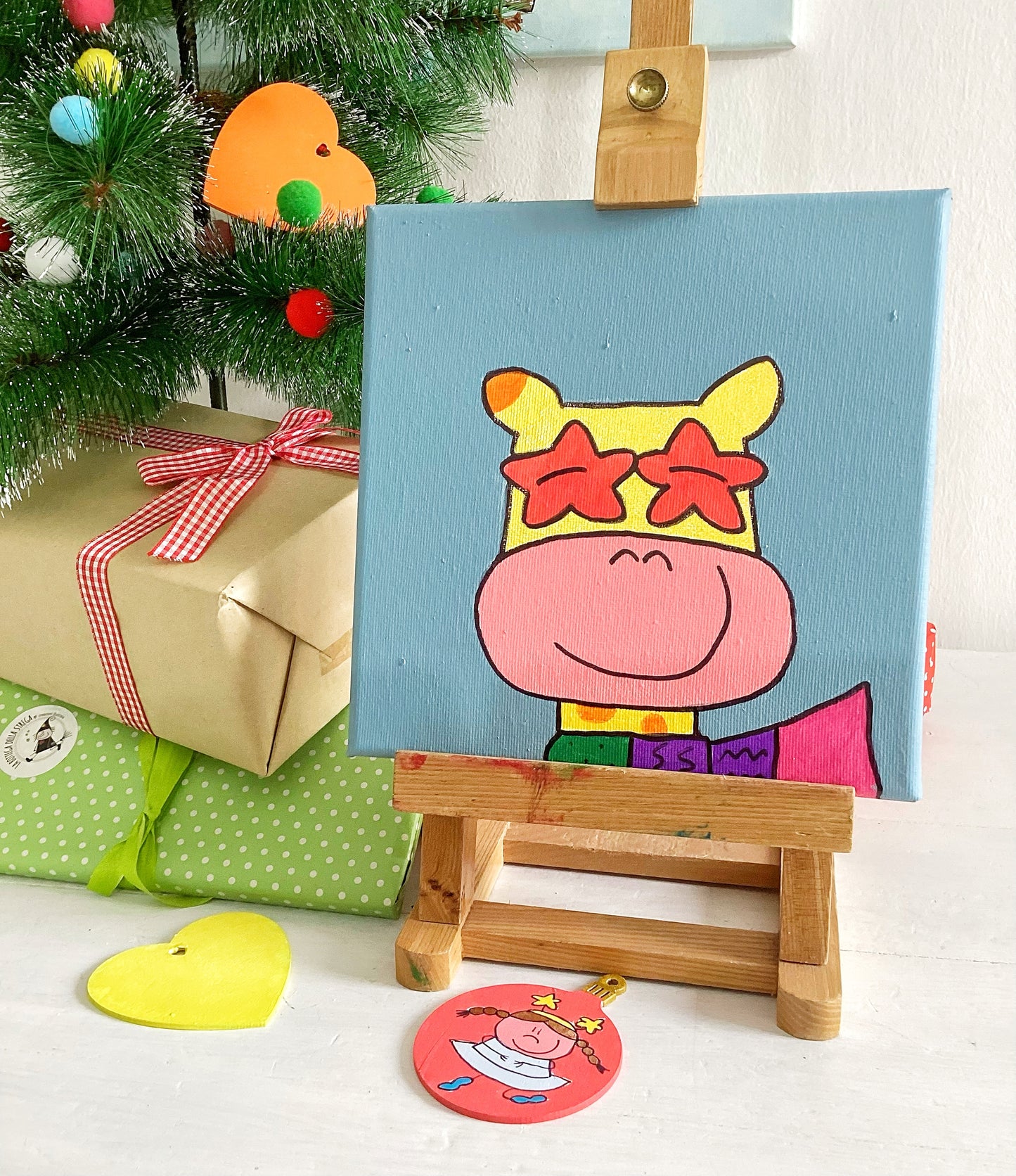 Quadro giraffa e decorazioni in legno personalizzate – Set regalo natalizio per bambini e famiglia