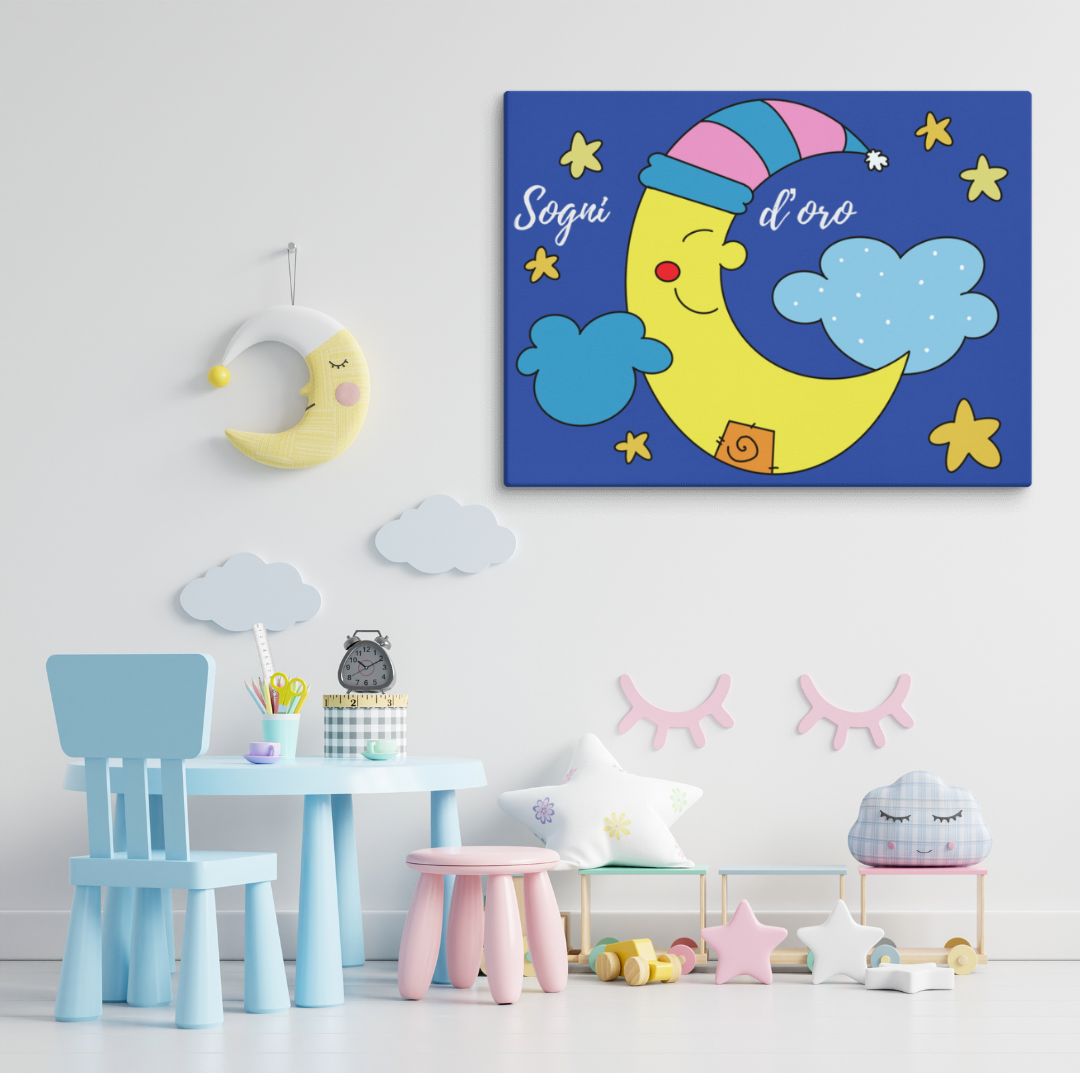 Stampa su tela con luna gialla e scritta "Sogni d'Oro" su sfondo blu per cameretta bambini, regalo nascita