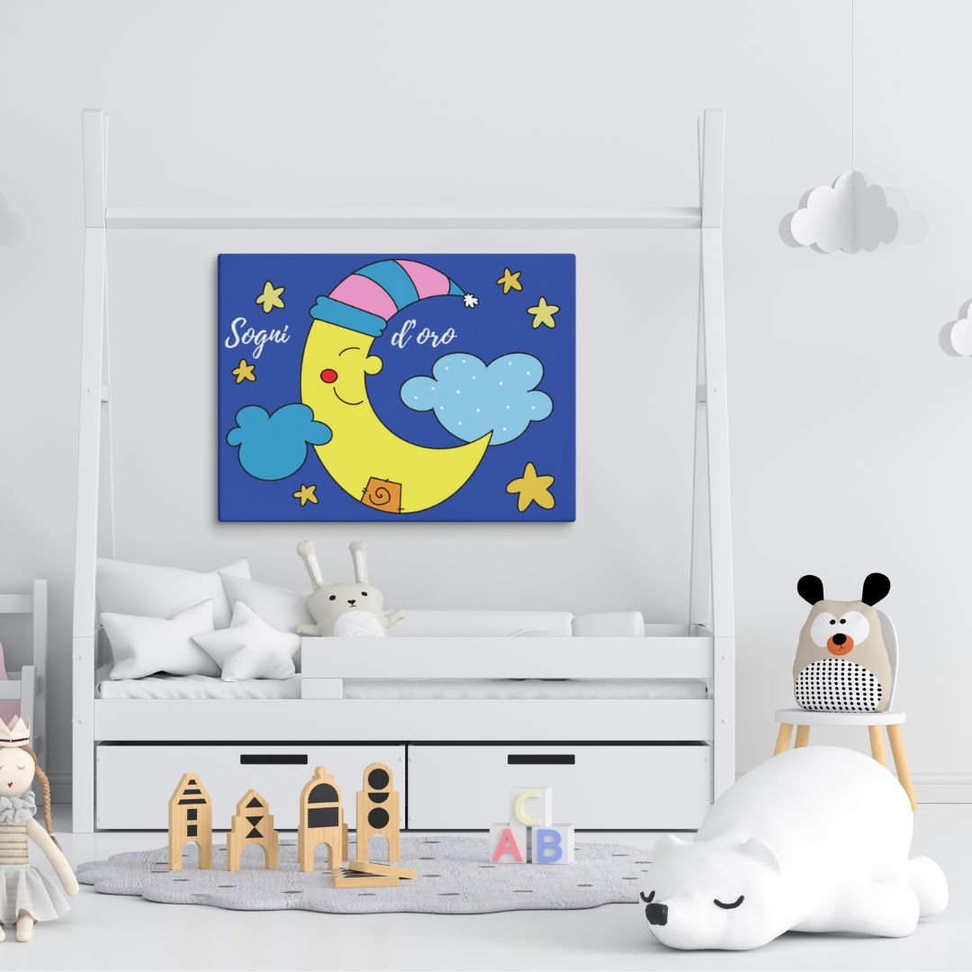 Stampa su tela con luna gialla e scritta "Sogni d'Oro" su sfondo blu per cameretta bambini, regalo nascita