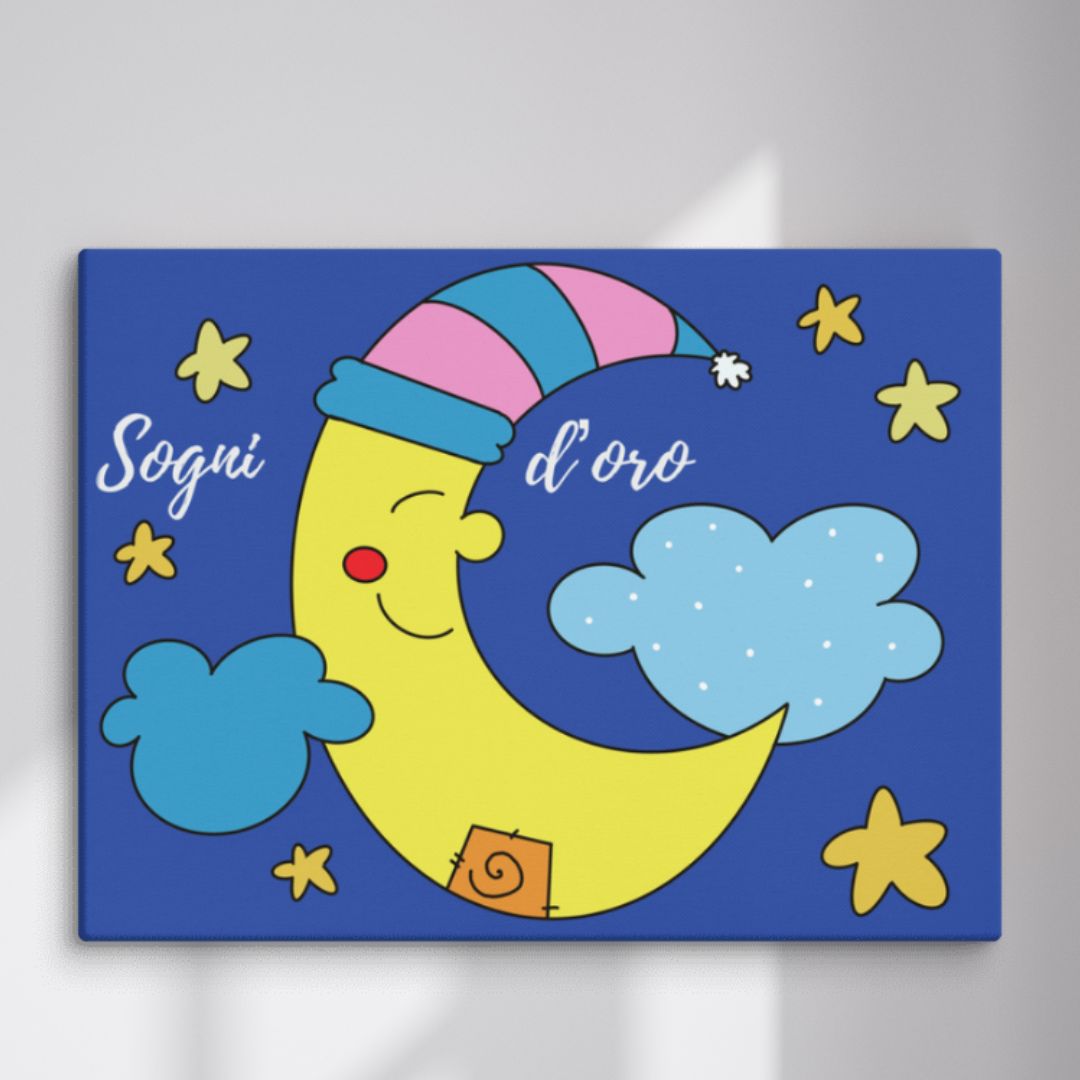 Stampa su tela con luna gialla e scritta "Sogni d'Oro" su sfondo blu per cameretta bambini, regalo nascita