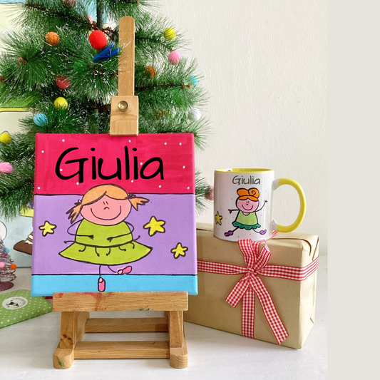 Set regalo di Natale personalizzato – Quadro e Tazza illustrati per bambini ballerina