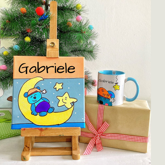 Set regalo di Natale personalizzato – Quadro e Tazza illustrati per bambini Orsetto