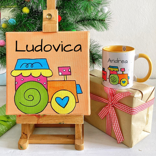 Set regalo di Natale personalizzato – Quadro e Tazza illustrati per bambini il Trenino