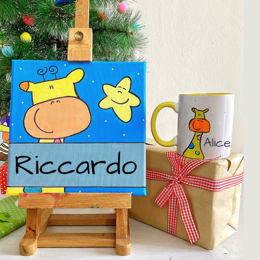 Set regalo di Natale personalizzato – Quadro e Tazza illustrati per bambini giraffa azzurro