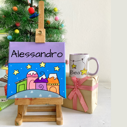 Set regalo di Natale personalizzato – Quadro e Tazza illustrati per bambini casette innevate