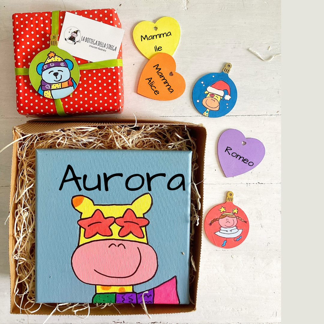 Quadro giraffa e decorazioni in legno personalizzate – Set regalo natalizio per bambini e famiglia