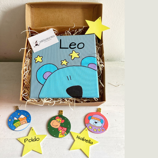 Quadro orsetto e decorazioni in legno personalizzate – Set regalo natalizio per bambini e famiglia