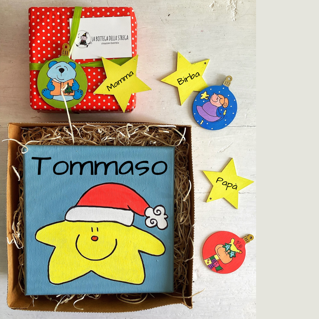Quadro Stellina e decorazioni in legno personalizzate – Set regalo natalizio per bambini e famiglia