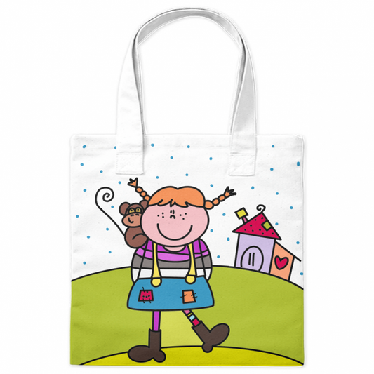 Borsa shopper con illustrazione di Pippi Calzelunghe, simbolo di allegria e positività. Accessorio in tela resistente per bambini e adulti, ideale per ogni occasione quotidiana.