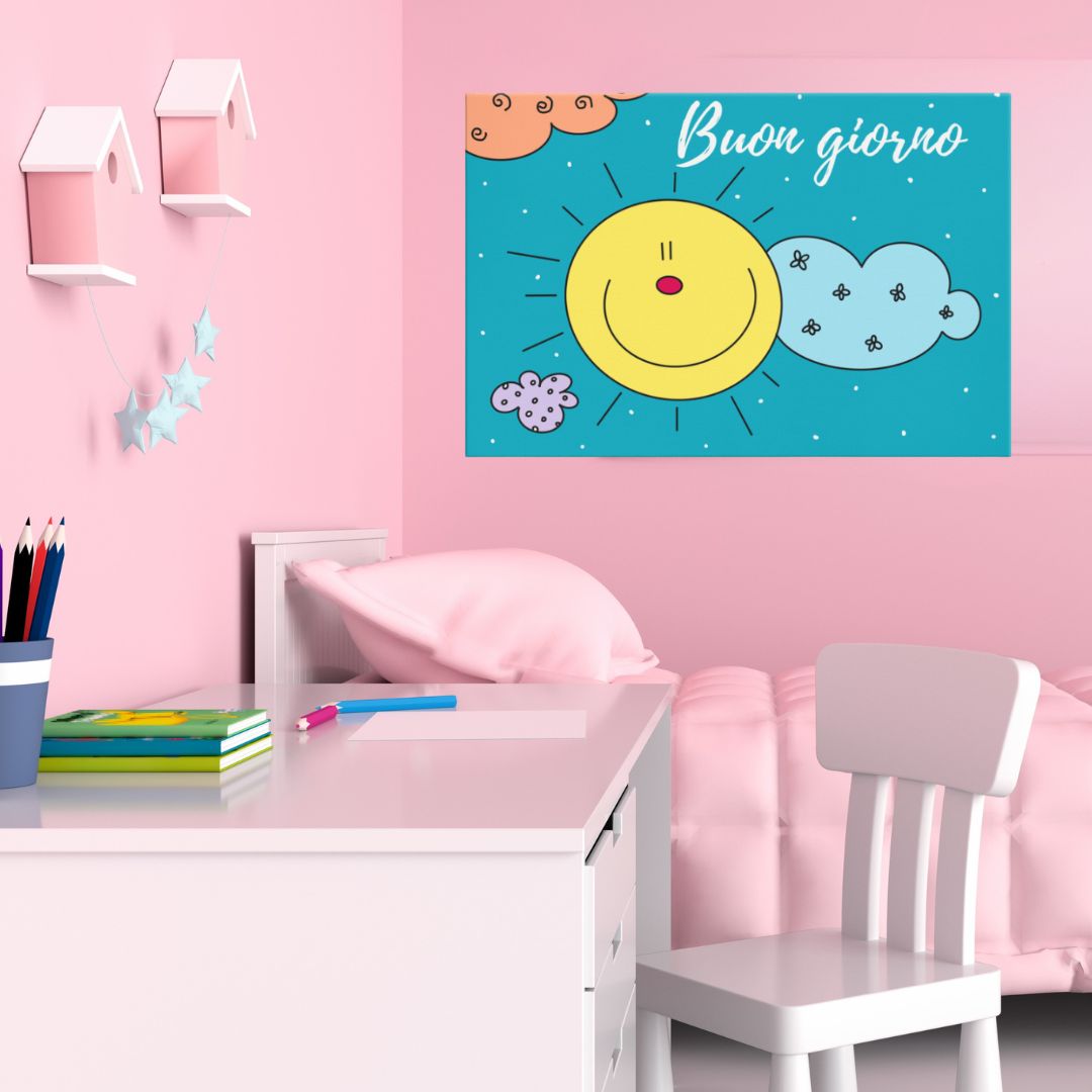  Dettaglio della stampa su canvas con inchiostri a pigmenti per una resa brillante e resistente, quadro sole per cameretta bambini.