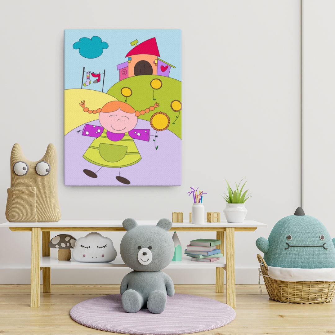 Illustrazione esclusiva di Pippi Calzelunghe e la sua villa Villacolle, stampa su tela di alta qualità per decorazione d'interni.